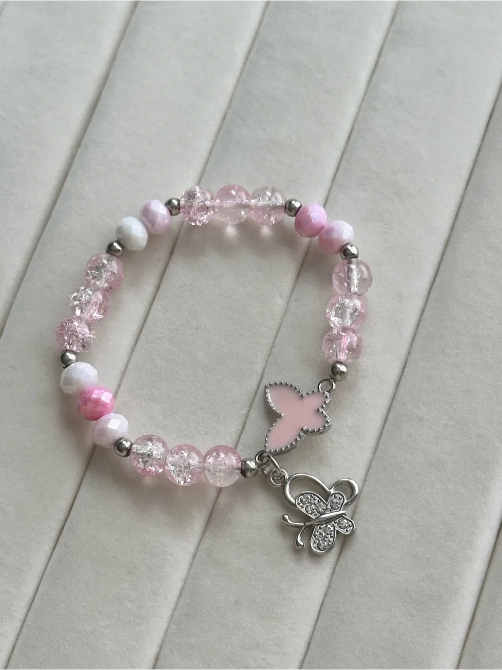 Pink Beaded Butterfly Charm Bracelet Set